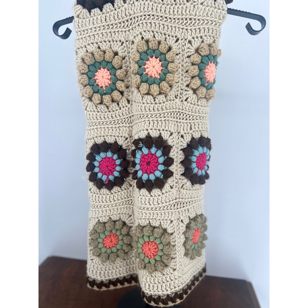Vintage Crochet Blanket Granny Square Handmade Cream Multi 35" x 28" Boho Throw